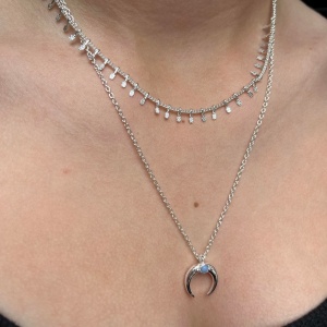 Drop Crescent Layered Necklace - Silver